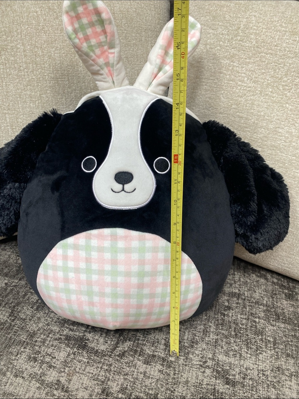 Squishmallow: “Nathaniel” the Dog Black Bunny-Eared with Pink & Green Plaid